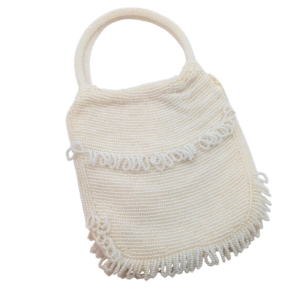 VTG 50s/60s Richere Bag Walborg Japan Off-White Beaded Dual Handle Wrist Purse
